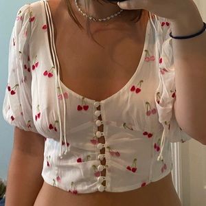 For Love & Lemons cherry short sleeve blouse top